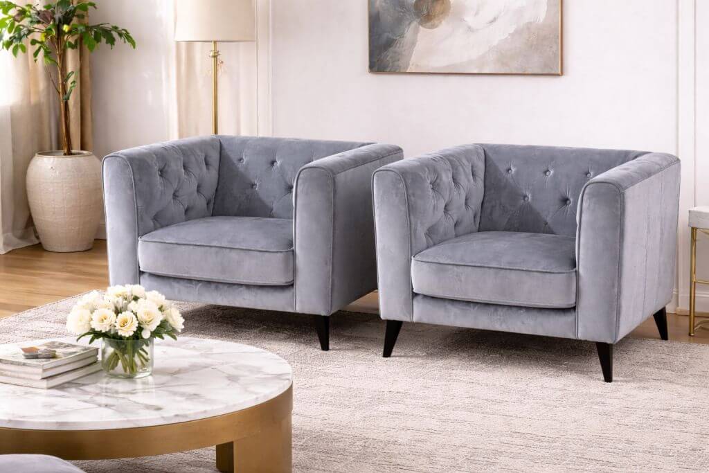 Chester stiliaus pilkos spalvos foteliai