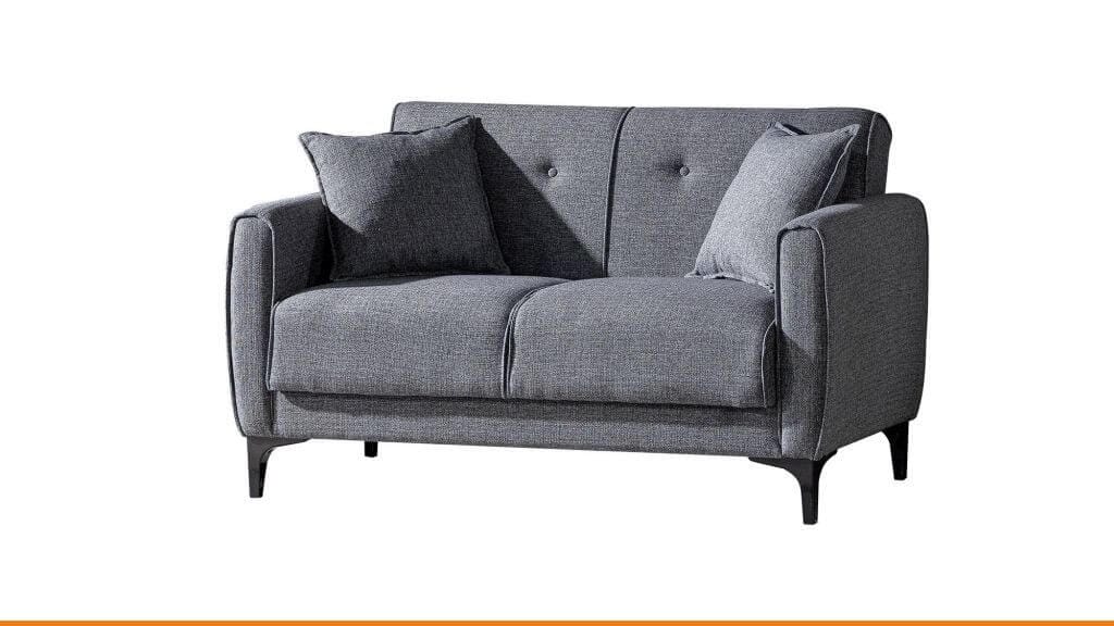 Pilkos spalvos dvivietė sofa su dviem pagalvėlėmis