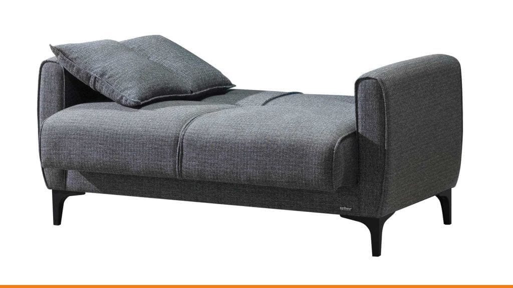 Pilka dvivietė sofa-lova su nuleista atlošo dalimi