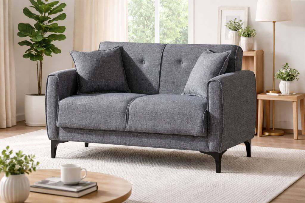 Pilka dvivietė sofa su dviem pagalvėlėmis moderniame svetainės interjere