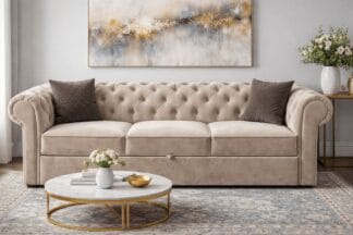 Klasikinė smėlio spalvos Chesterfield sofa su dekoratyvinėmis pagalvėlėmis