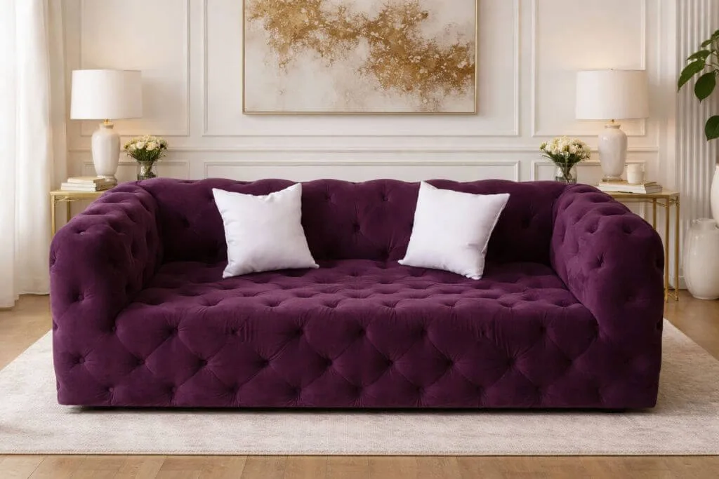 Purpurinė Chesterfield sofa šviesiame interjere