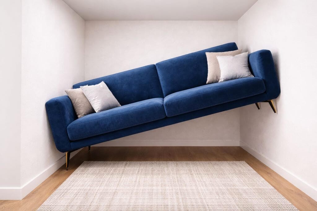 Per didelė mėlyna aksominė sofa